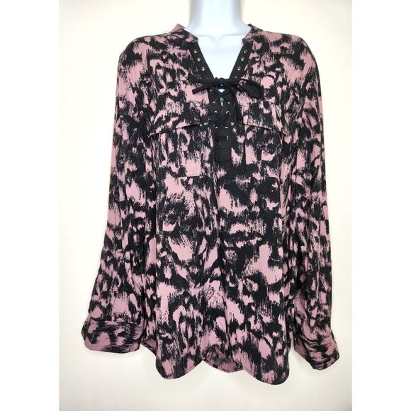 Rock & Republic Abstract Lace-Up Boho Top  Pink Black Casual Bohemian Med. - Picture 1 of 8